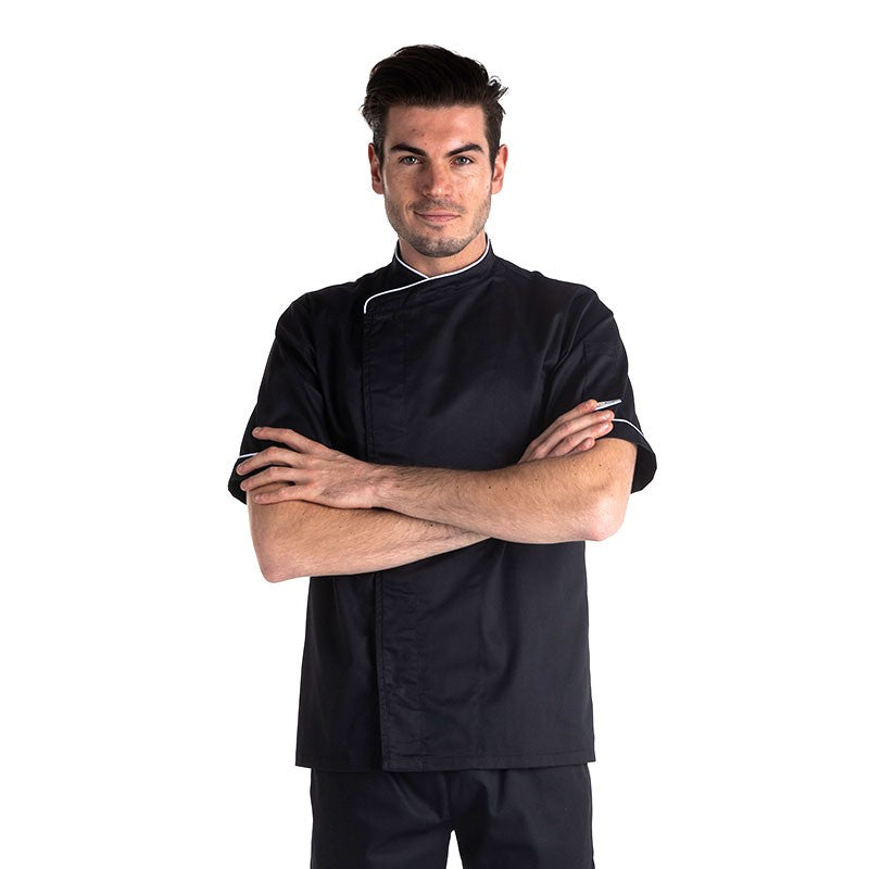Veste de Pâtissier Noire Liseré Blanc Manches Courtes face MANELLI