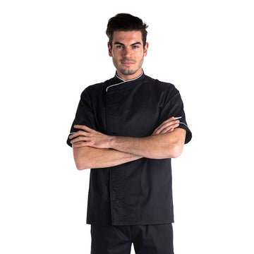 Veste de Pâtissier Noire Liseré Blanc Manches Courtes face MANELLI
