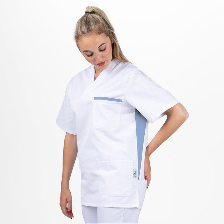 Blouse médicale mixte blanche et bleu ciel destockage - MANELLI