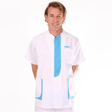 Blouse médicale homme 2LEE blanc & bleu ciel manche courte promotions