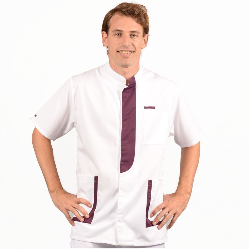 Blouse médicale homme 2LEE blanc & prune face manches courtes hommes pas chers