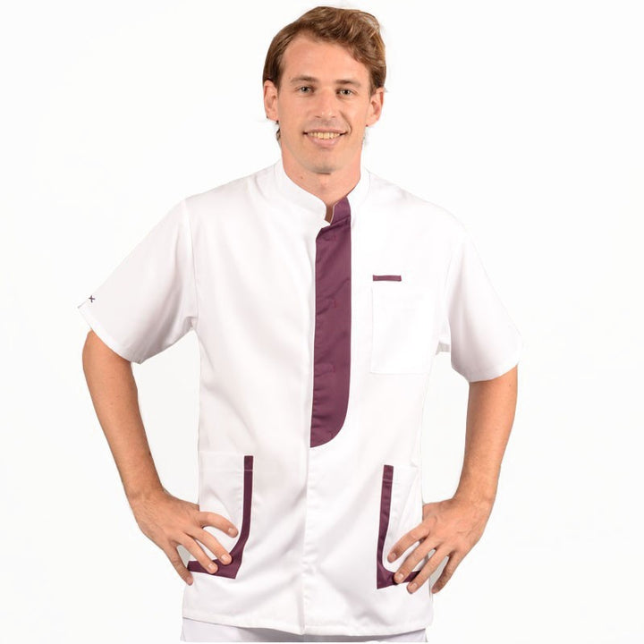 Blouse médicale homme 2LEE blanc & prune face manches courtes hommes pas chers