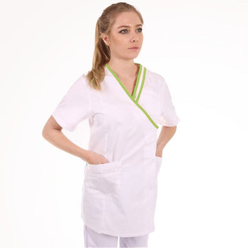 blouse esthéticienne col v liseré vert