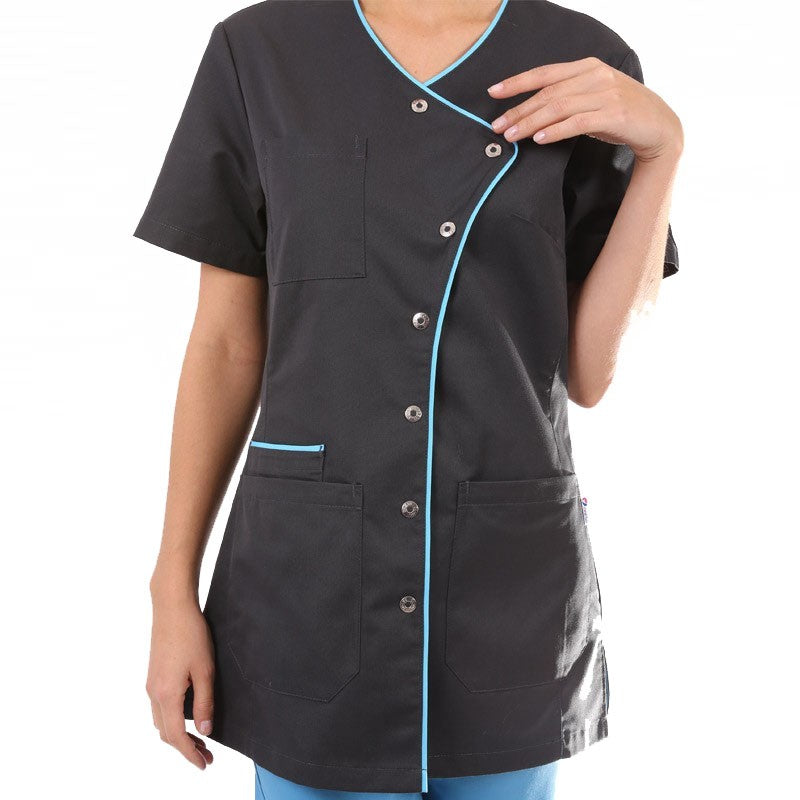 Blouse Médicale Femme Manches Courtes Liseré Bleu - CLINIC DRESS