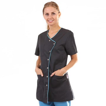 Blouse médicale noire liseré long - Clinic Dress femme manche courte promotion confortable  pas cher
