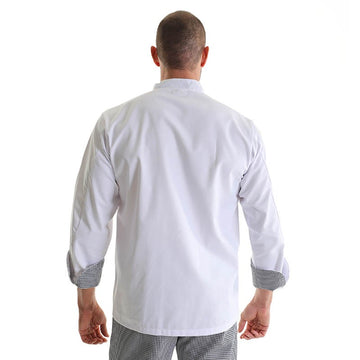 veste de cuisine imprime carreaux manches retroussées