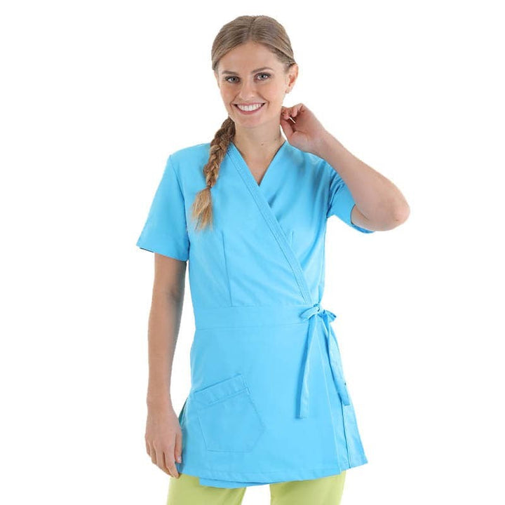 blouse esthéticienne forme cache coeur turquoise