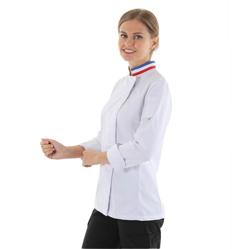 veste de cuisine femme blanche col tricolore