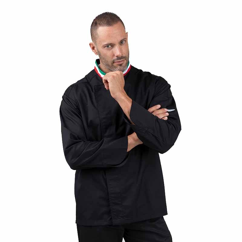 Veste de cuisine noire col italien - MANELLI - manches retroussables