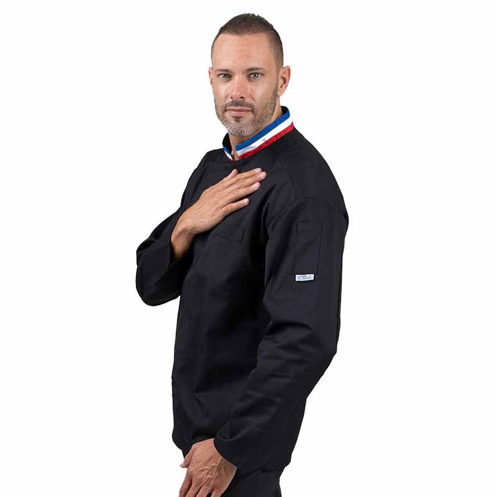 Veste de cuisine noire avec col tricolore bleu blanc rouge -  pocha à stylo