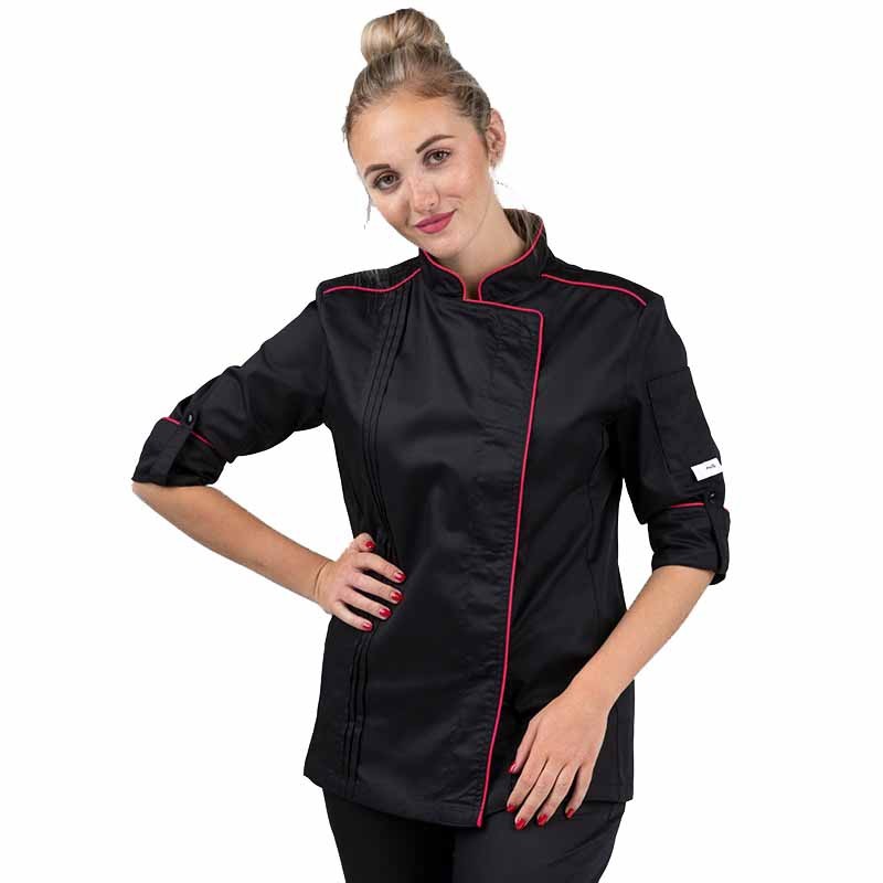 Veste de cuisine femme détail liseré coloré rose fuschia