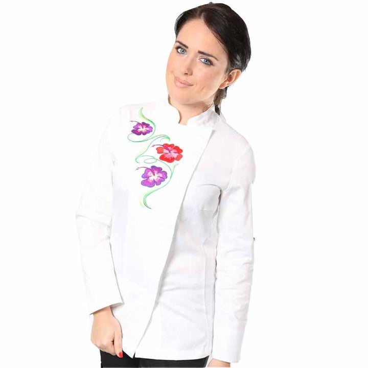 Veste de cuisine femme blanche fleur