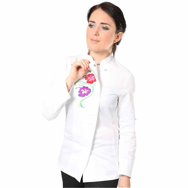 bouton pression veste de cuisine femme blanche fleur