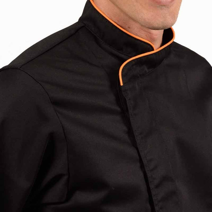 Veste de boucher Noire liseré Orange boutons pressions cachés