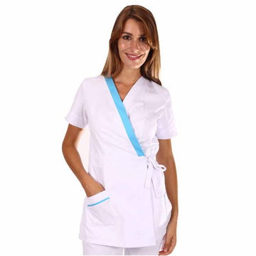 Blouse estheticienne cache-cœur blanche et bleue Inès