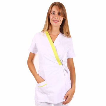Blouse de travail cache-cœur blanche et vert anis Inès