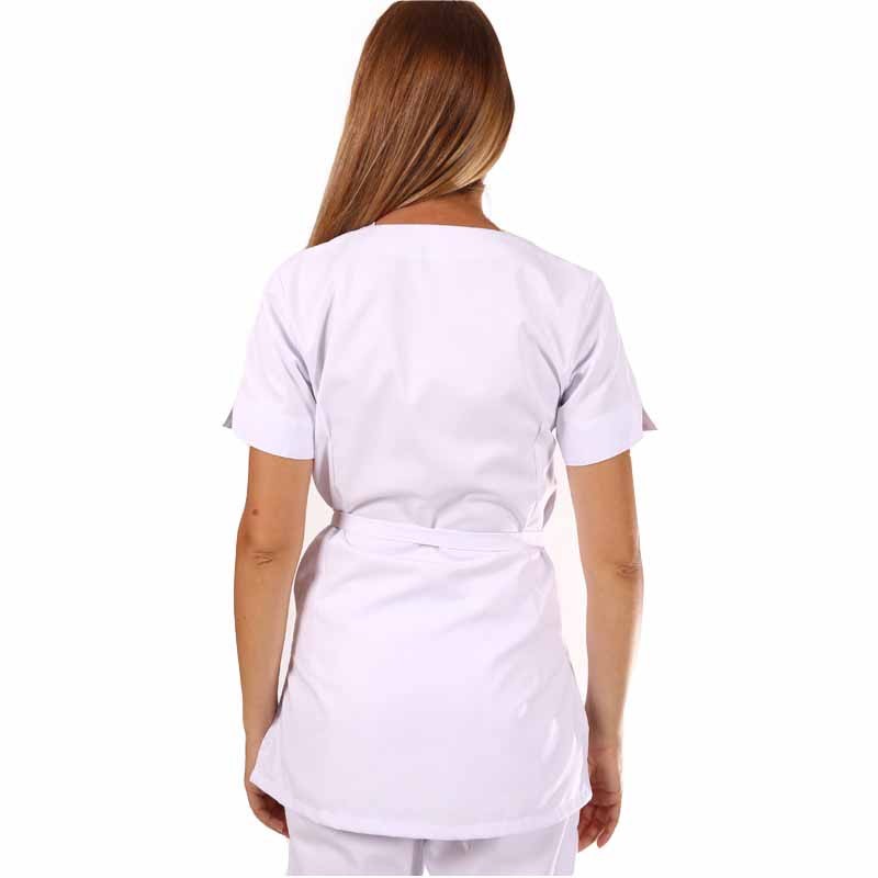 Blouse de travail cache-cœur blanche et vert anis Inès