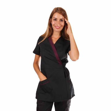 Blouse esthéticienne cache-cœur noire et prune