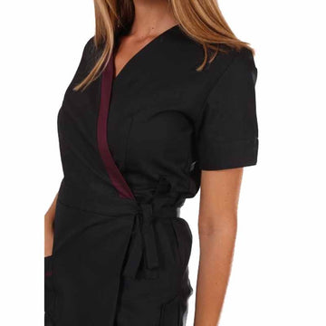 Blouse esthéticienne cache-cœur noire et prune