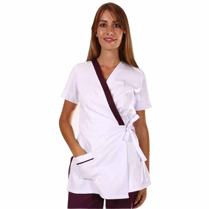 Blouse estheticienne cache-cœur blanche et Bordeaux Inès