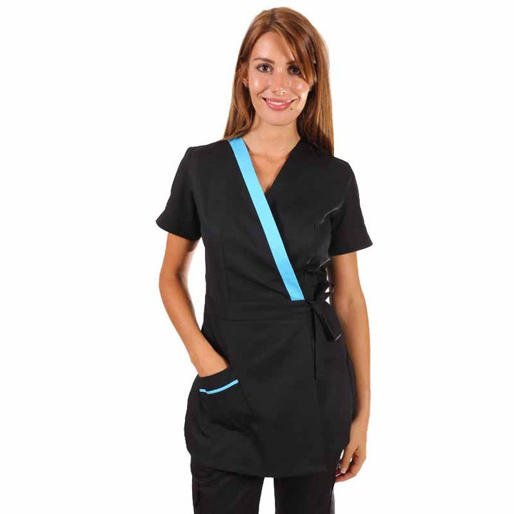 Blouse esthéticienne cache-cœur noire et bleue Inès