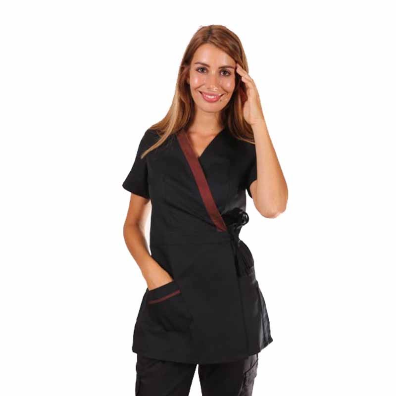 Blouse esthéticienne cache-cœur noire et bordeaux Inès