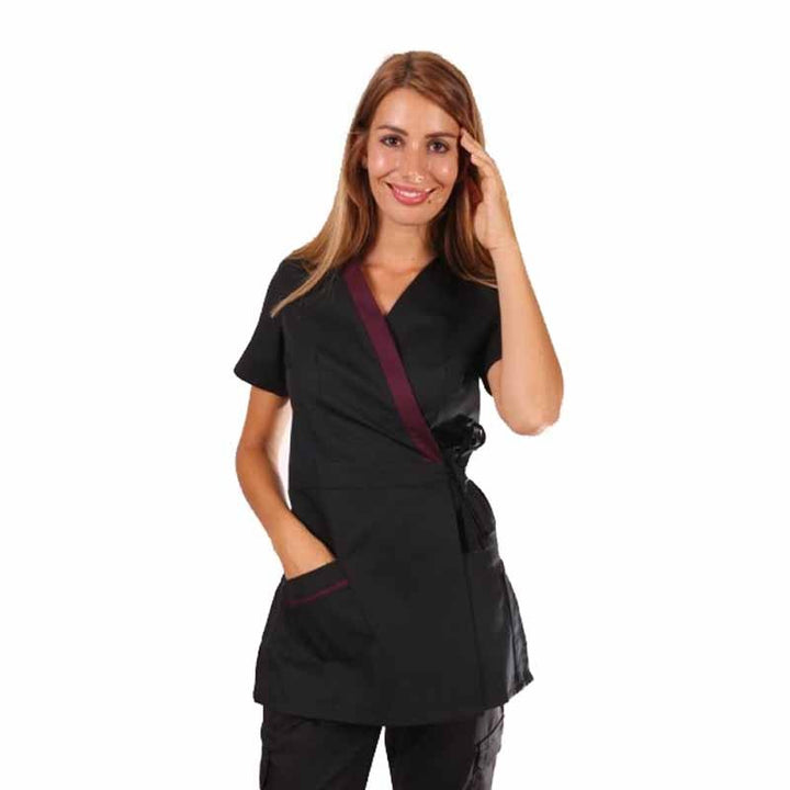 Blouse esthéticienne cache-cœur noire et bordeaux Inès