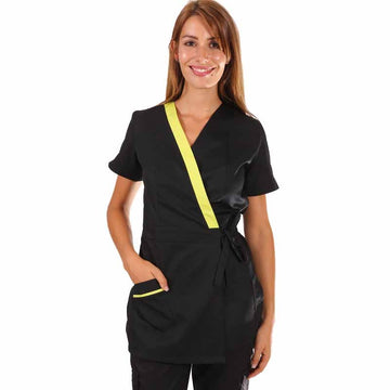 Blouse esthéticienne cache-cœur noire et vert anis Inès