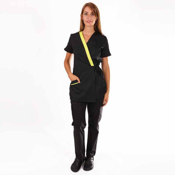 Blouse esthéticienne cache-cœur noire et vert anis Inès