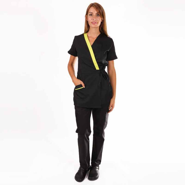 Blouse esthéticienne cache-cœur noire et vert anis Inès