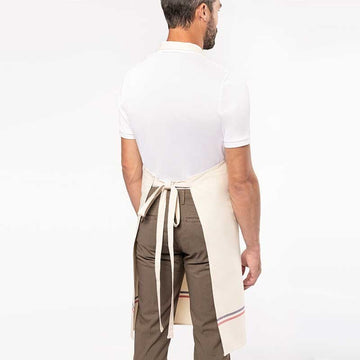 Tablier de cuisine beige liseré tricolore Toptex porté de dos