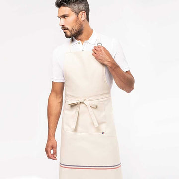 Tablier de cuisine beige liseré tricolore Toptex porté de face 2