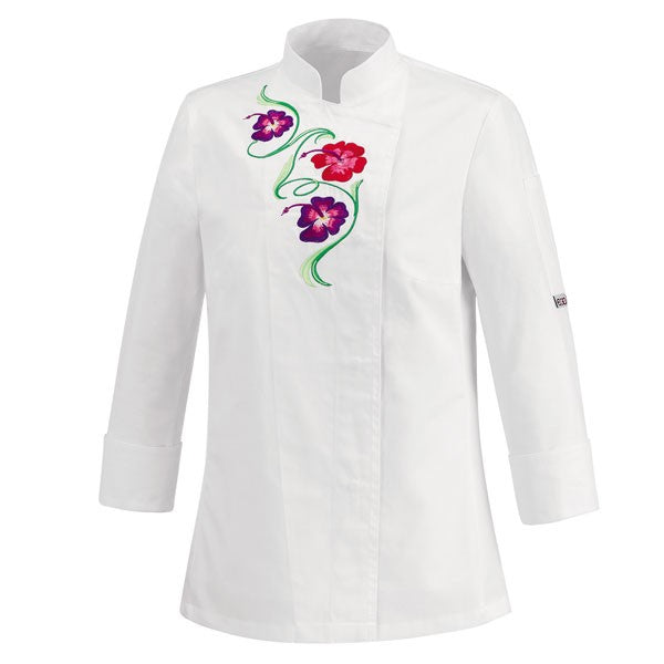 Veste de cuisine femme blanche motif fleurs