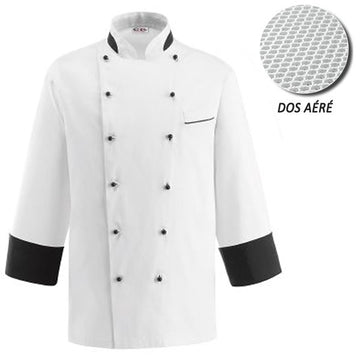 Veste de Cuisine blanche dos aéré - Nano, bouton noir, double fermeture, coupe droite