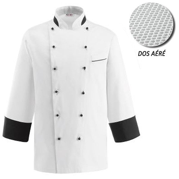 Veste de Cuisine blanche dos aéré - Nano, bouton noir, double fermeture, coupe droite