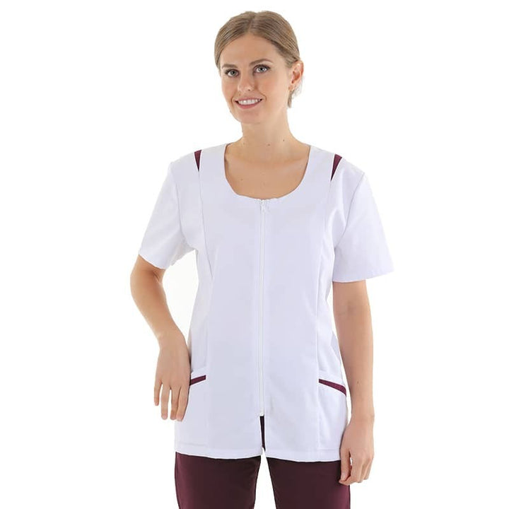 Blouse médicale Manelli Johana blanche avec liserés prunes
