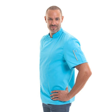 Veste de cuisine bleue ciel - Robur, polycoton parfait pour les cuisines