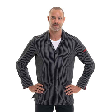 Veste de cuisine ARDOISE Robur, rayé noir et blanc avec revers de manche rouge