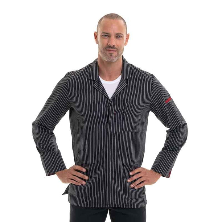 Veste de cuisine ARDOISE Robur, rayé noir et blanc avec revers de manche rouge