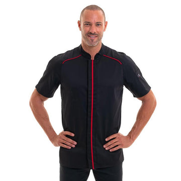 Veste de Cuisine Appollo Noir à Liseré Rouge à Manches Courtes