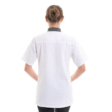 Veste de cuisine femme à détails gris sur blanc