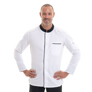 Veste de cuisine ABAX Robur, blanche avec revers de manche noir et col noir