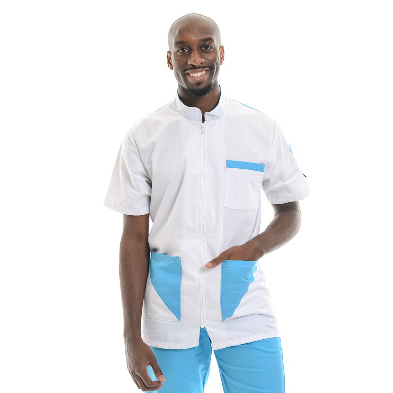 Blouse médicale homme Blanc Bleu turquoise Sacha - MANELLI