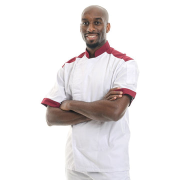 veste de cuisine rouge et blanche