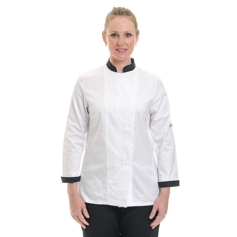 veste de cuisine femme blanche col noir