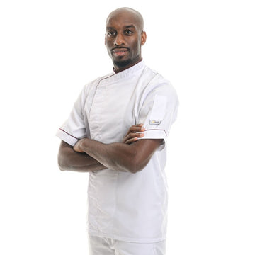 Veste de Cuisine Blanche Liseré Bordeaux MANELLI manches courtes