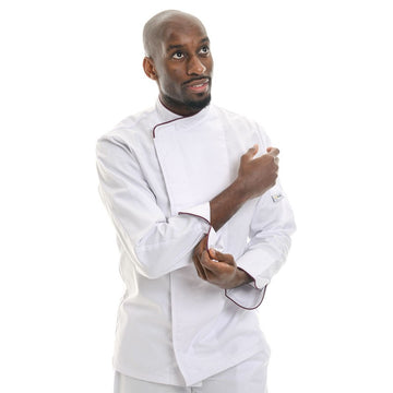 Veste de Cuisine Blanche Liseré Bordeaux MANELLI manches longues poche à stylo manche