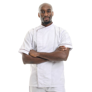 Veste de cuisine liseré bordeaux grande taille - MANELLI manches courtes boutons pressions