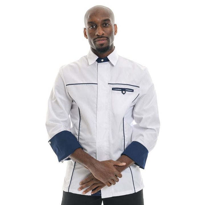 Veste de Cuisine Homme Col Chemise Bleu Marine Blanc - MANELLI