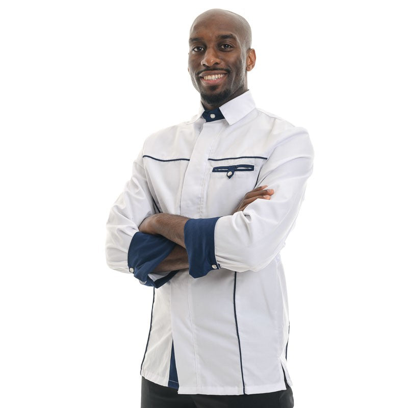 Veste de cuisine Casualcook à manches longues avec passepoil bleu marine Manelli